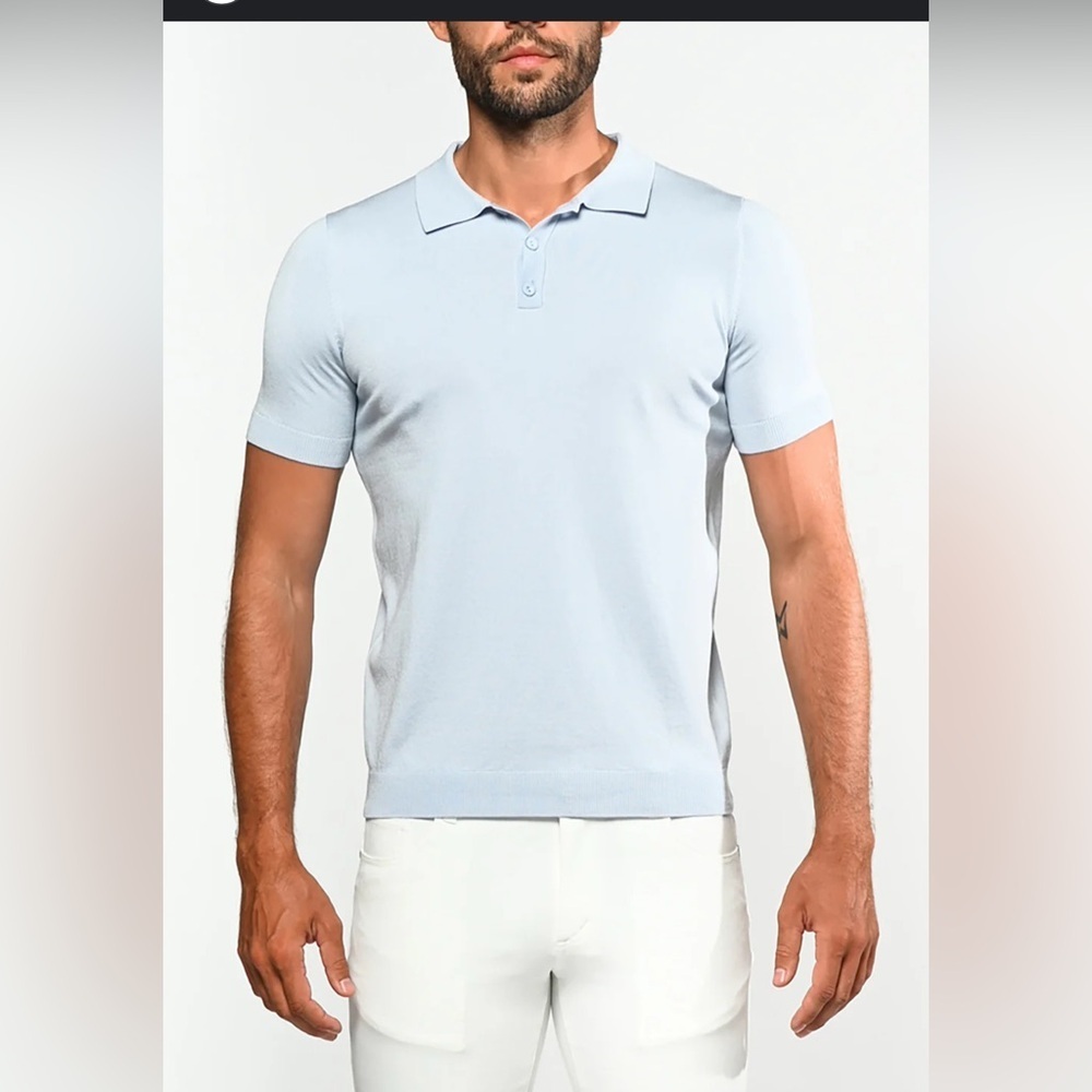 Postmarc Silk/Tencel  Knit Polo in Silver Sky 3-Button , size Large